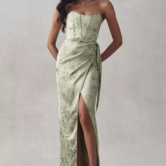 V. Chapman June Printed Corset Front-Slit Satin Gown - Picture 1 of 3